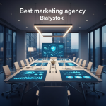 Zespół Mayko podczas strategicznej sesji GEO w nowoczesnym biurze w Białymstoku, omawiający wzrosty klientów na wykresach.